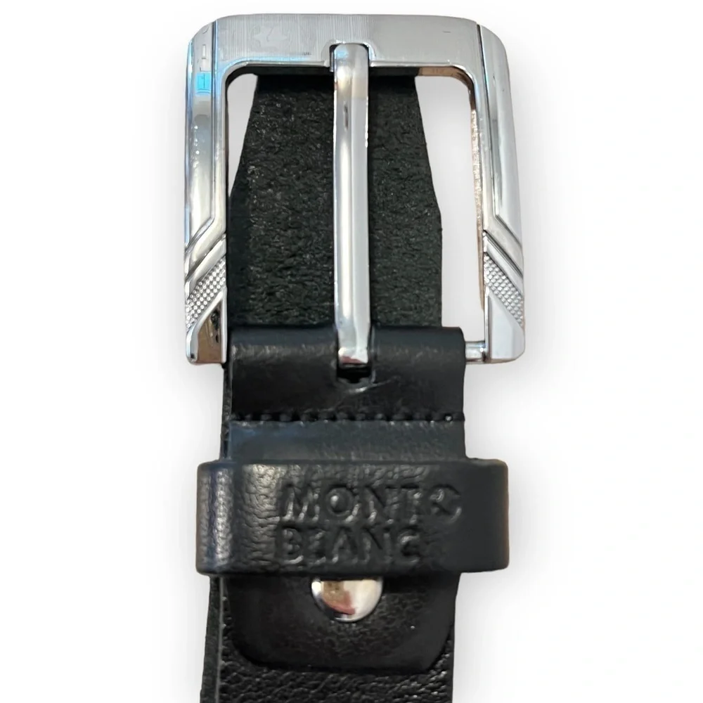 MONT BLANC ; Black Leather Silver Buckle Belt Size 54 ;